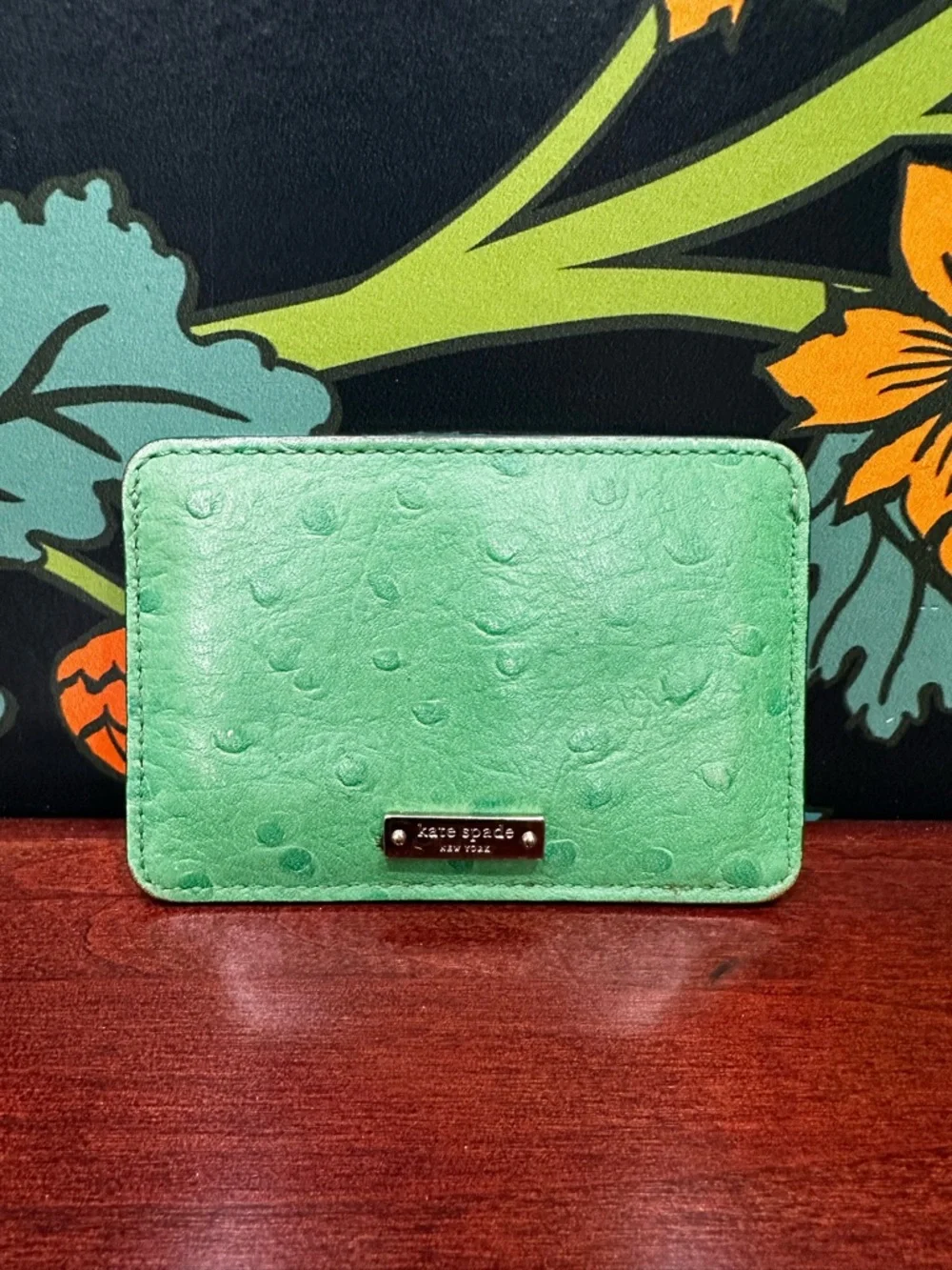 Kate Spade Green Ostrich Embossed Leather Card Holder Slim Wallet